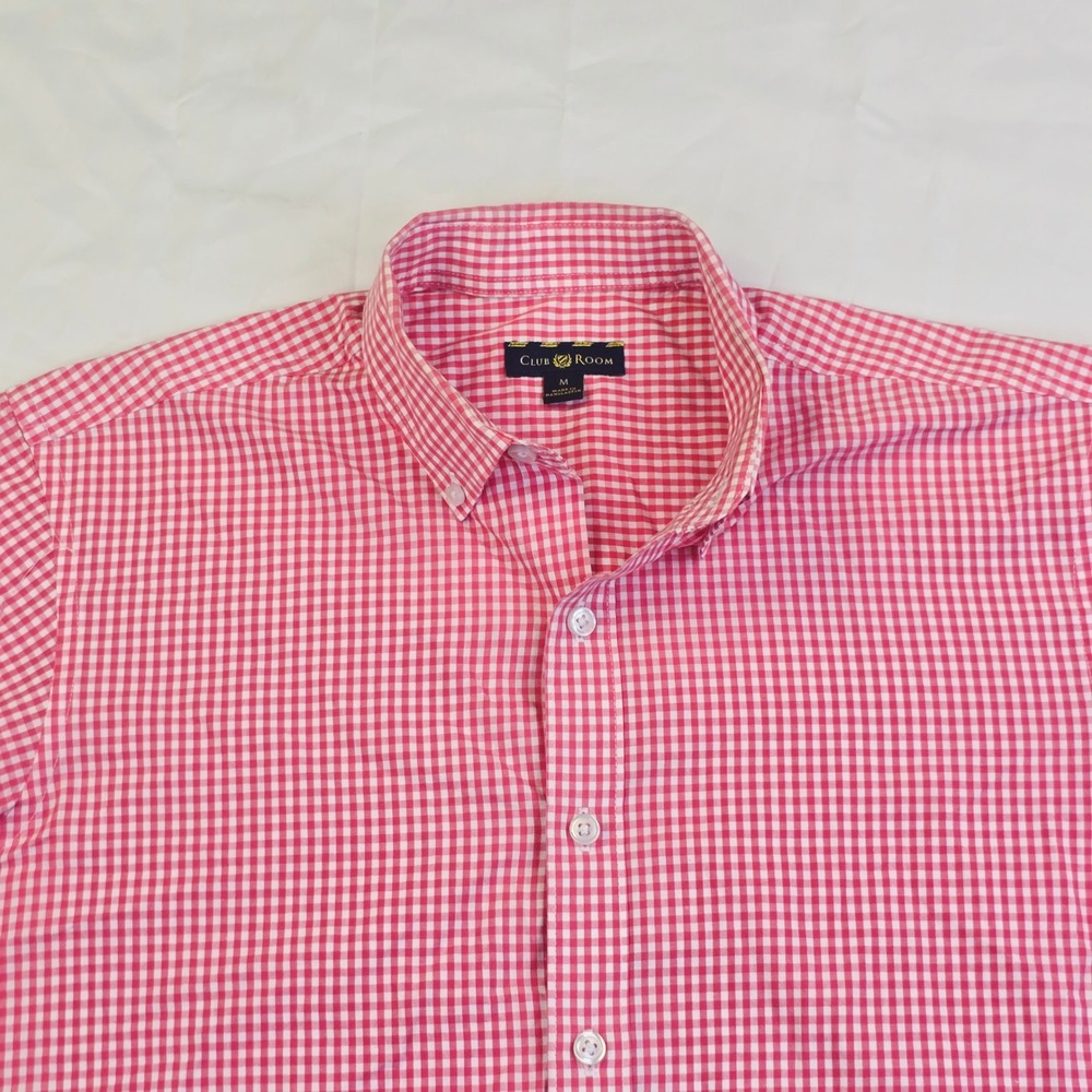 Club Room Men's Gingham Button Down Shirt Medium Red White Short Sleeve Z17